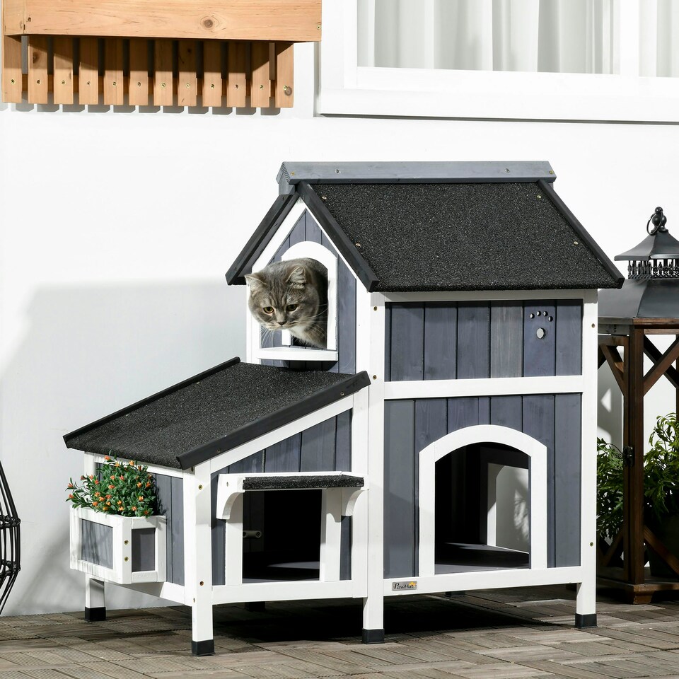 image 1 of PawHut Wooden Outdoor Cat House w/ Flower Pot, Windows, Multiple Entrances