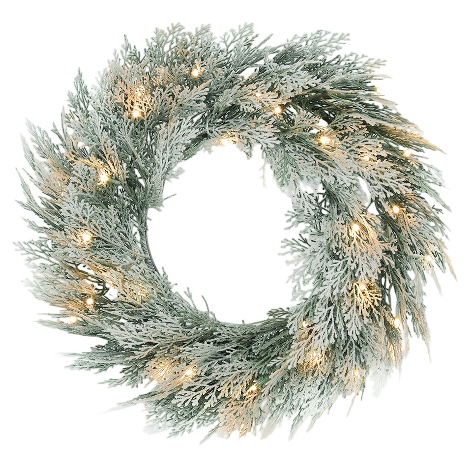 image 1 of HOMCOM 60 cm Prelit Christmas Wreath, Flocked Front Door Wreath with Timer