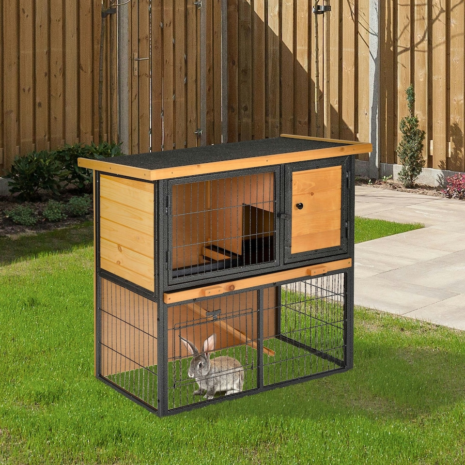 image 1 of PawHut Guinea Pig Hutch, Elevated Pet House w/ Tray & Ramp, Yellow