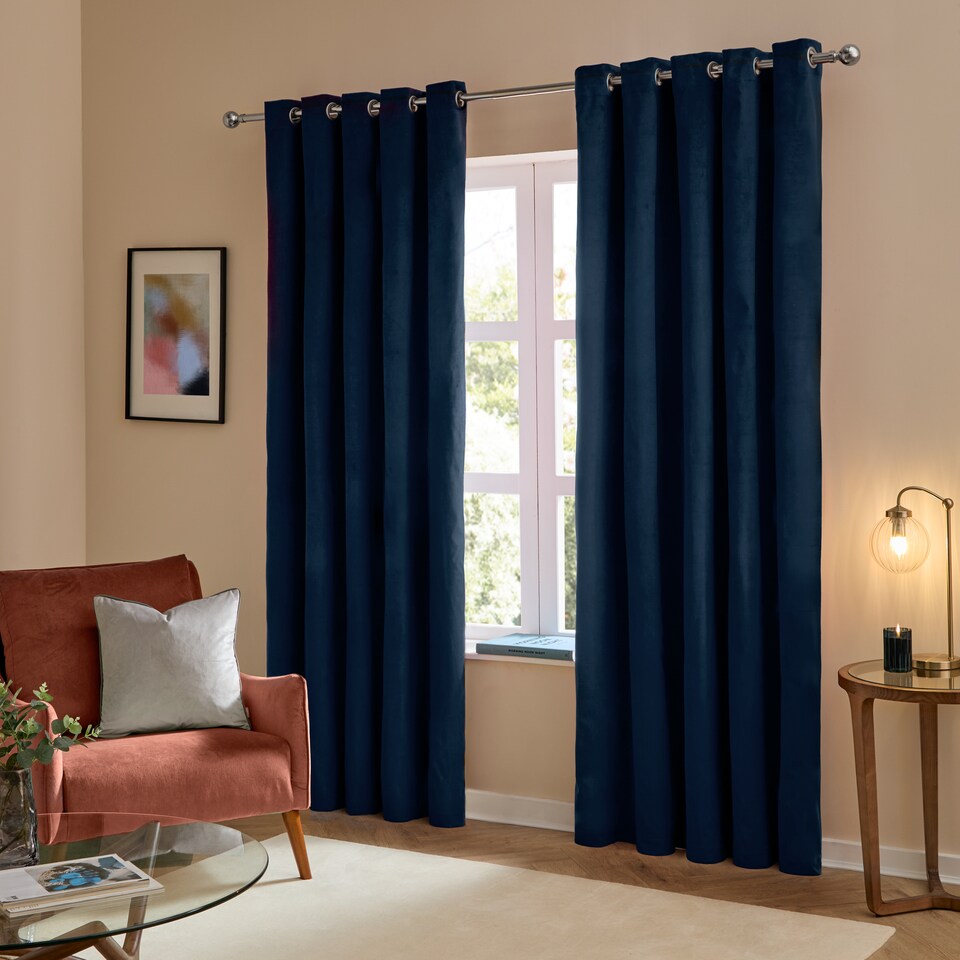 image 1 of furn. The Ultimate Velvet Blackout Eyelet Curtain Pair Royal (W)117cmx (D)183cm | Blue | Royal | One Size