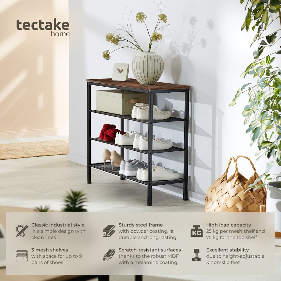 image 1 of Shoe Rack Newport - surface shelf and 3 grid shelves, industrial style | Brown | Industrial wood dark, rustic | 80,50 x 30,50 x 72,50 cm | 1