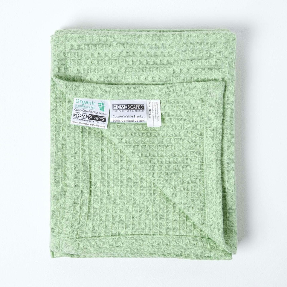image 1 of Homescapes Organic Cotton Waffle Baby Blanket Sage Green - 90 x 112 cm