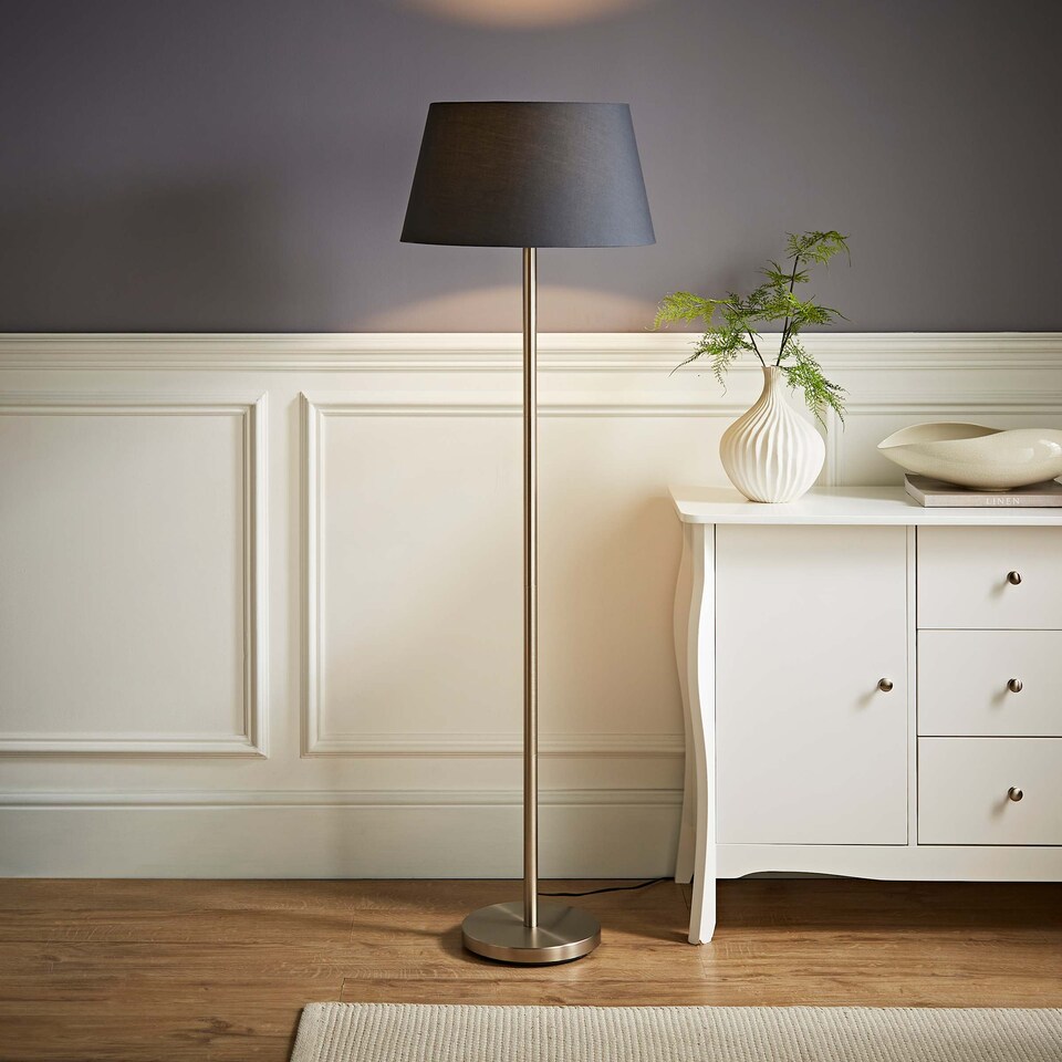 image 1 of ValueLights Charlie Chrome Floor Lamp Grey Taper Shade