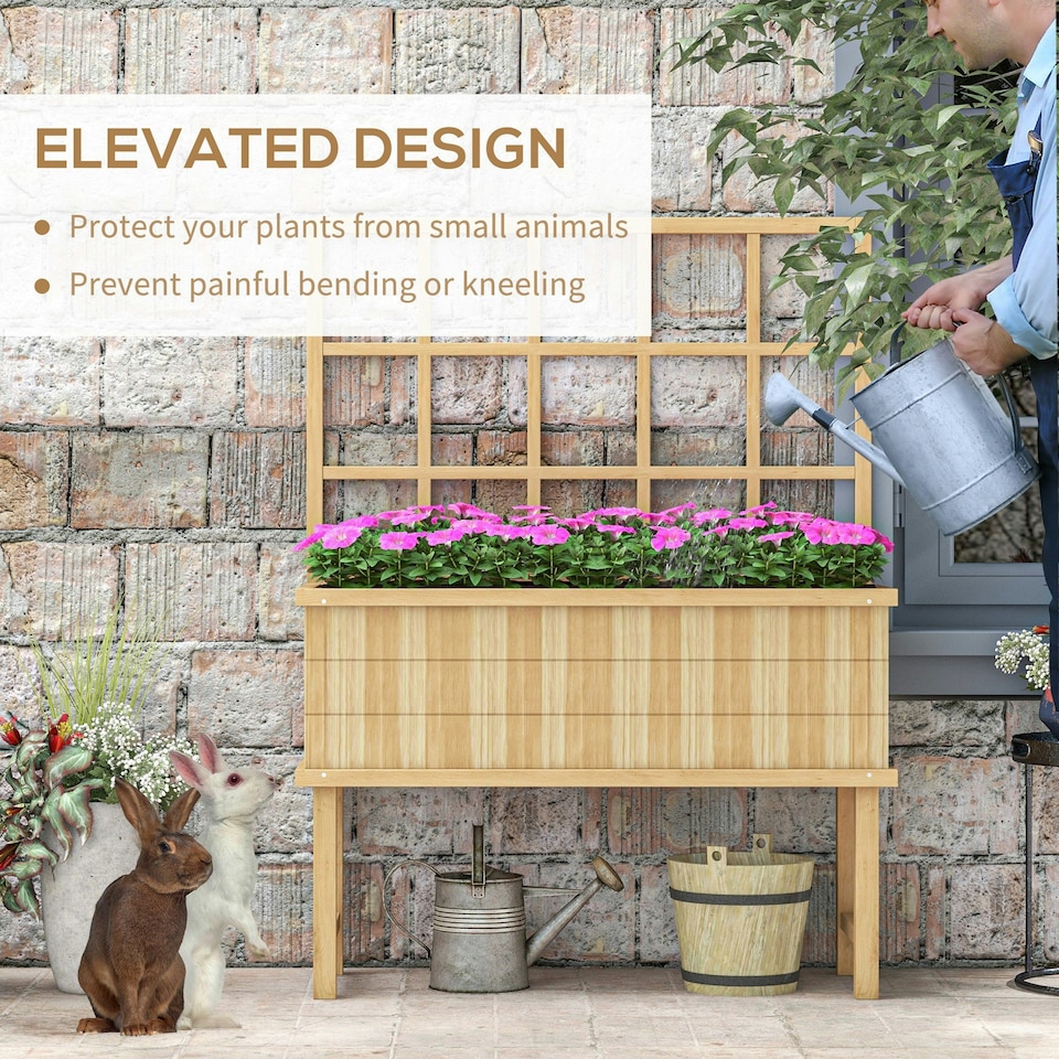 image 1 of Outsunny Wood Raised Planter w/ Trellis Drain Holes Elevated Garden Bed Grey