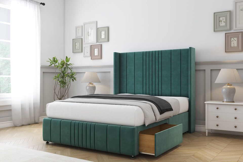 image 1 of Sloomy Hargrave Emerald Plush Divan Bed Base 2 Drawers Foot-End With 54 Inch Wingback Headboard & 12 Inch Matching Footboard | Green | Emerald | Double | 1