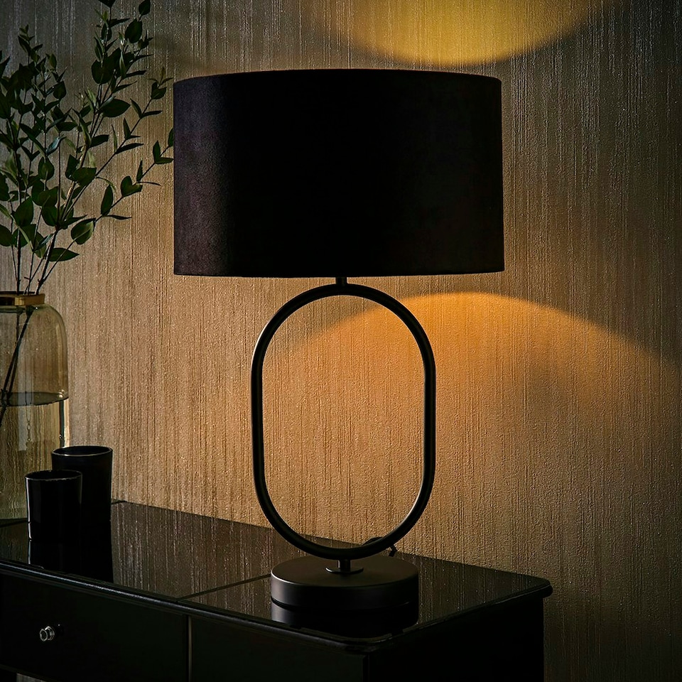 image 1 of ValueLights Antonia Black Velvet Drum Lamp Shade Matte Black Oval Table Lamp with LED Bulb Black