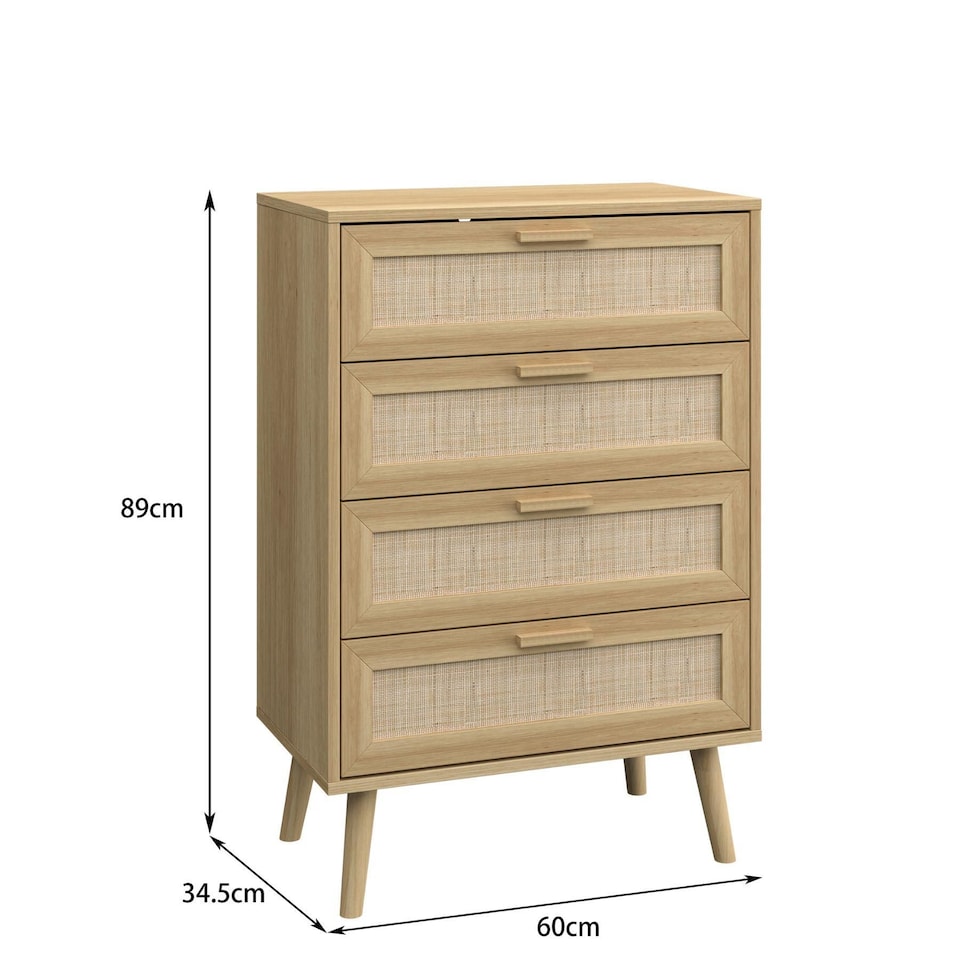 image 1 of Chest 4 Drawers with Rattan Fronts Solid Wooden Legs | Brown