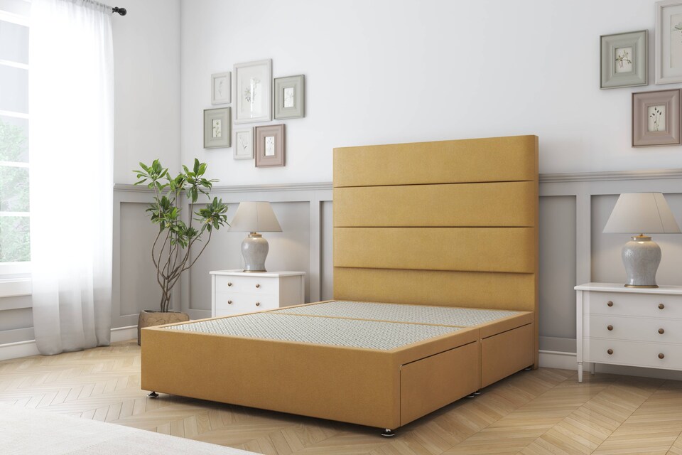 image 1 of Sloomy Texas Mustard Plush Divan Bed Base No Drawers With 26 Inch Strutted Headboard | Gold | Mustard | Single | 1