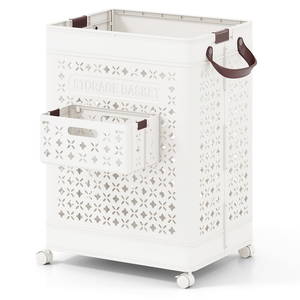 image 1 of COSTWAY Collapsible Laundry Basket 75 L Plastic Storage Bin with Handles-White