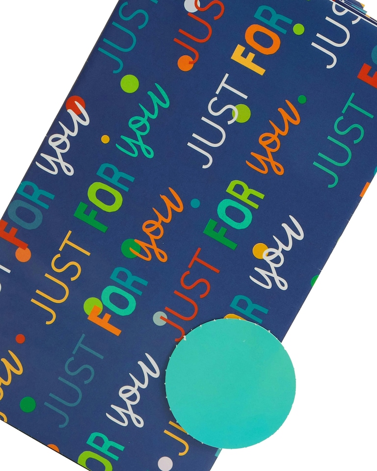 image 1 of Multipack of 6 Sheets of Wrapping Paper & 6 Tags | Birthdays | For Him | Just for You Design | Blue