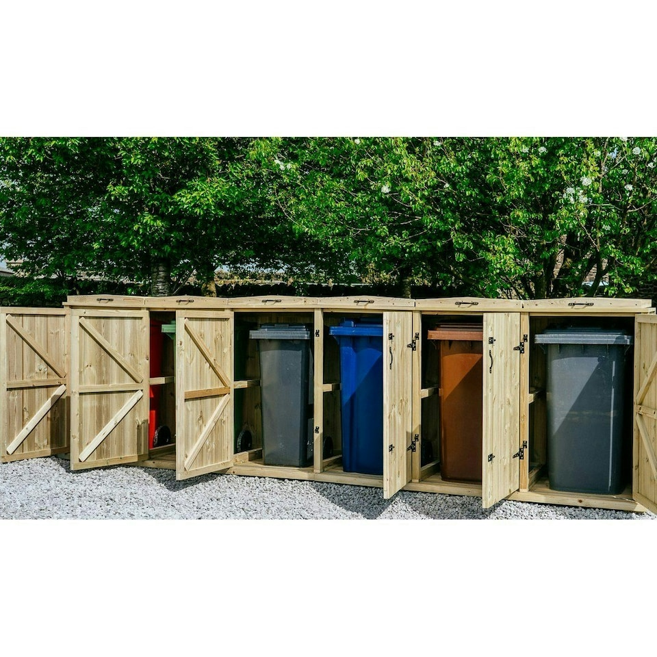 image 1 of Chatburn Sextet Wheelie Bin Store - Timber - L80.4 x W367 x H120 cm - Fits 1 x 180L or 240L & 5 x 140L Wheelie Bins Brown