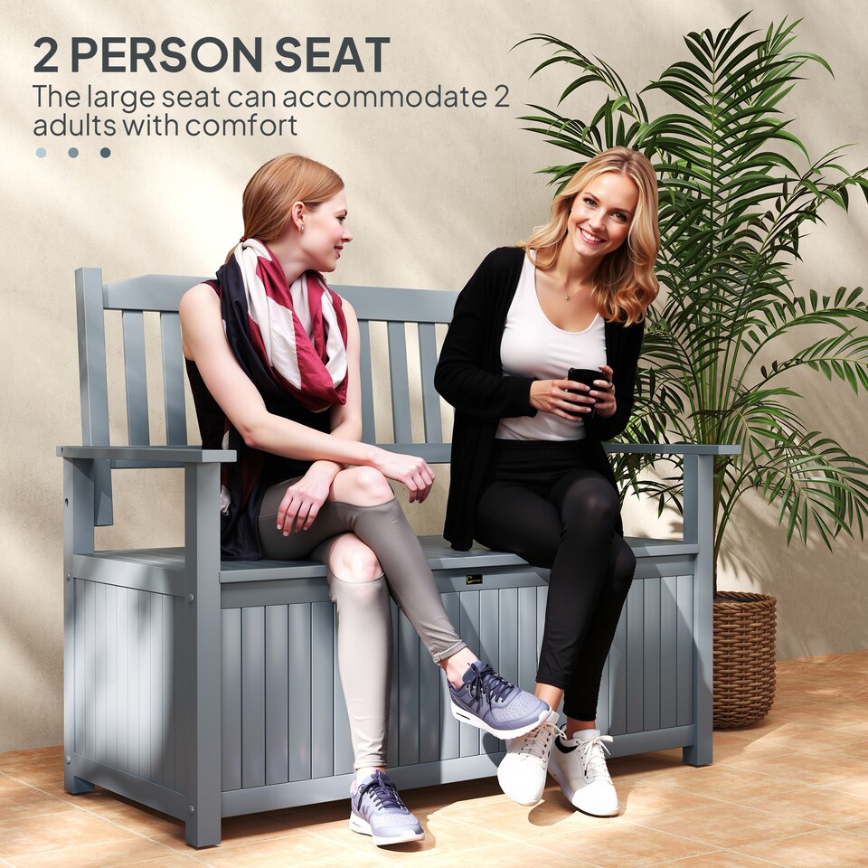 image 1 of Outsunny 2 Seater Garden Storage Bench, 164L Outdoor Storage Box with Backrest Flower Pattern, Wooden Garden Bench with Armrests, 125 x 68.5 x 97cm, Grey | Grey | Grey