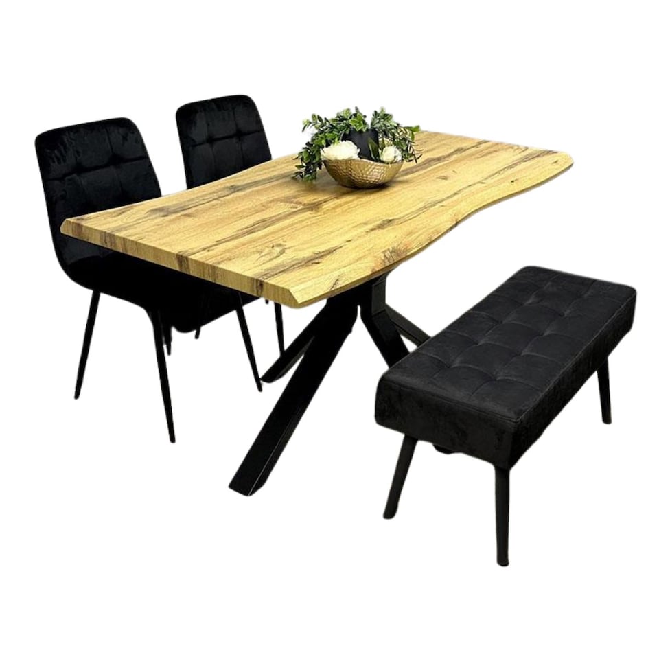 image 1 of Kosy Koala Dining Table Set With 2 Black Velvet Chairs And Black Velvet Bench Dining Room Furniture