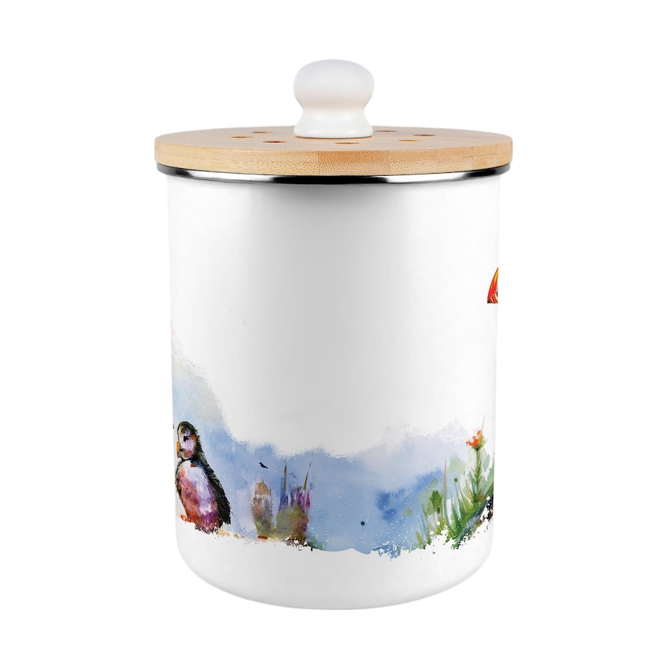 image 1 of Seaside Puffins Food Waste Caddy - Metal 2L Decorative Kitchen Compost Bin