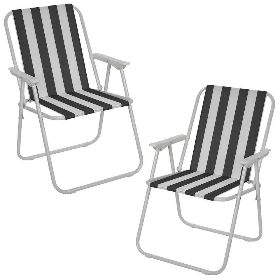 image 1 of Garden Table & Folding Deck Chairs Set 2 4 Seater Outdoor Patio Dining Furniture | White | Table + 2 White & Black Stripes Chairs