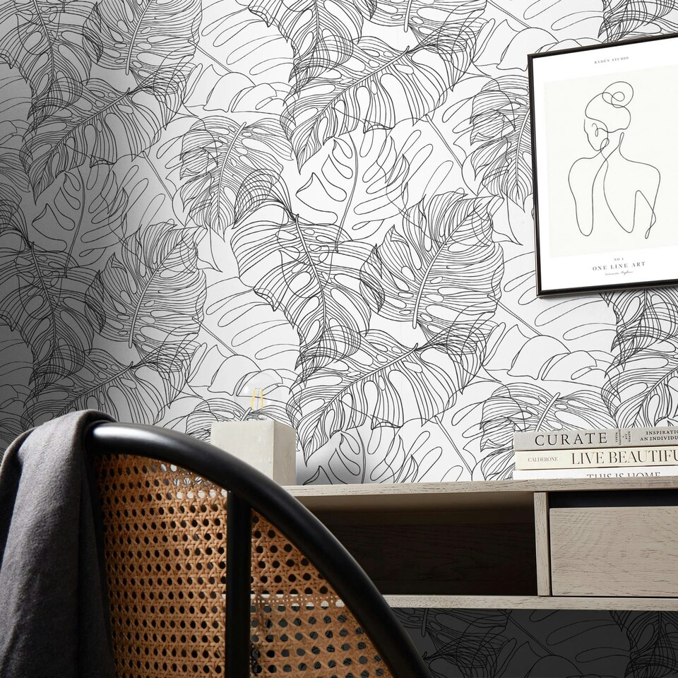 image 1 of Monstera Leaf Wallpaper in Monochrome Multi