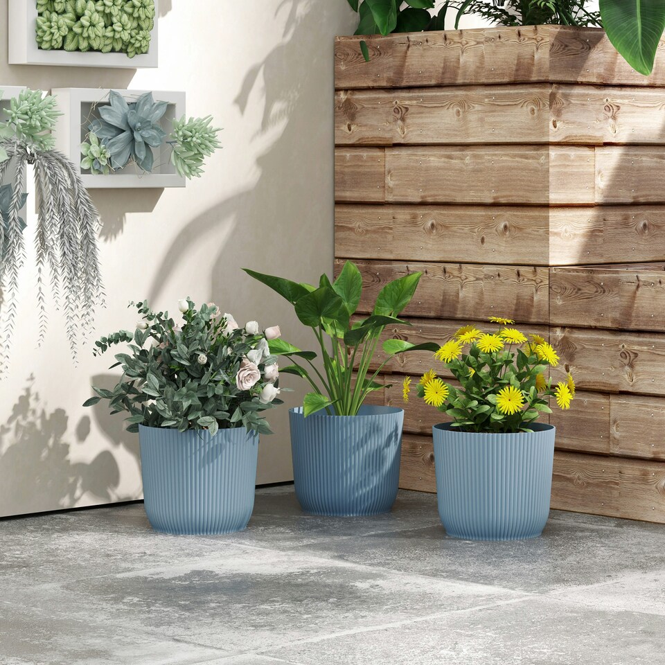 image 1 of Outsunny Set of 3 Round Plant Pots Outdoor 22cm for Garden Decoration, Blue