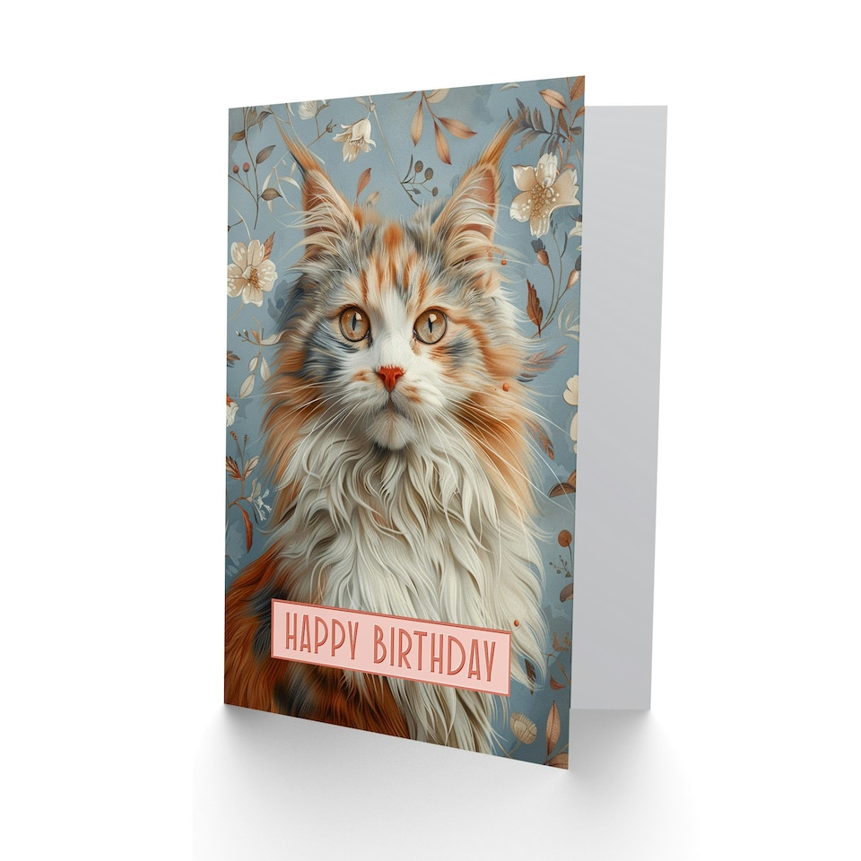 image 1 of Cat Lover Fluffy Maine Coon Retro Floral Pattern Her Birthday Card
