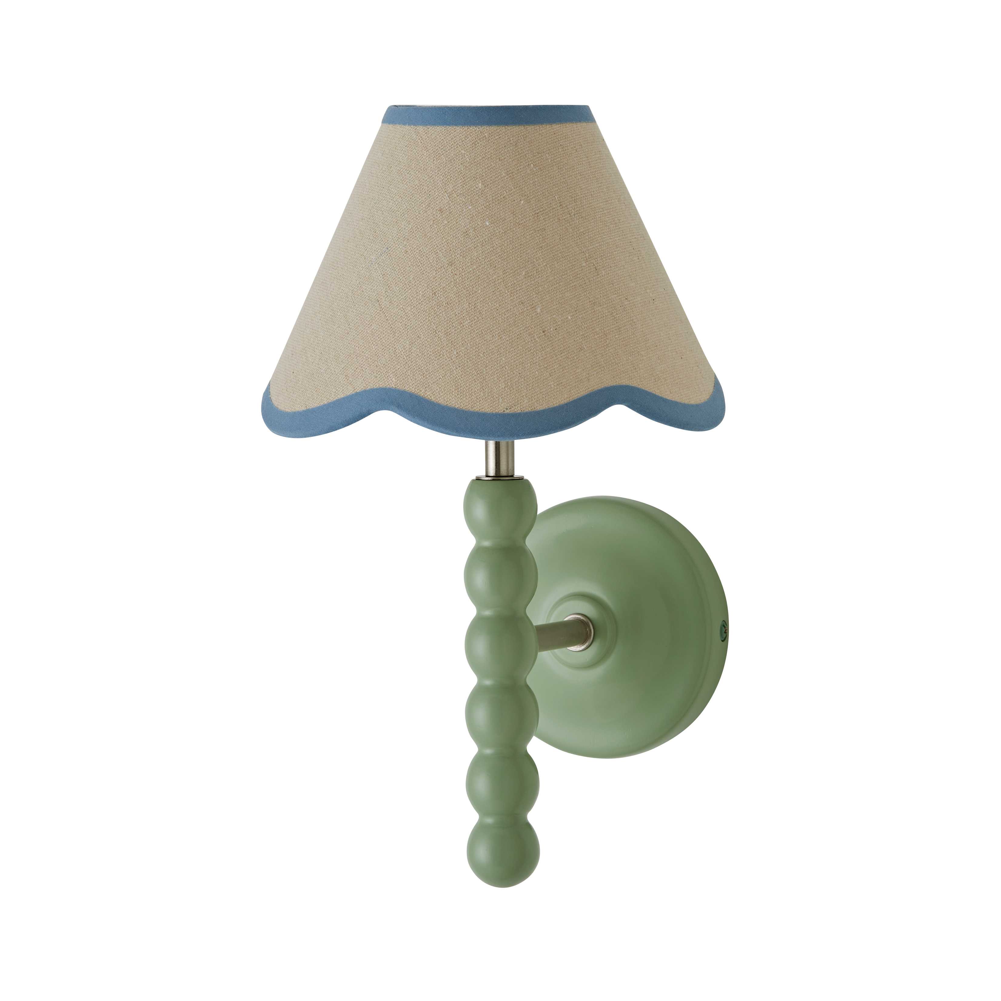 ValueLights Bobbins Sage Green Bobble Wall Light & Linen Pastel Trim Lamp Shade in Pale Blue