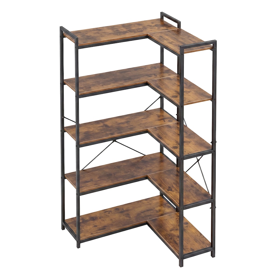 image 1 of Levede Corner Bookcase 5-Tier L-Shaped Bookshelf Space-Saving Spice Walnut Black Metal