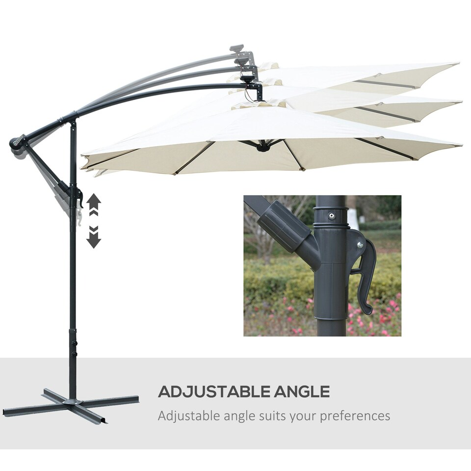 image 1 of Outsunny 3(m) LED Patio Banana Umbrella Cantilever Parasol w/ Crank, Off-White