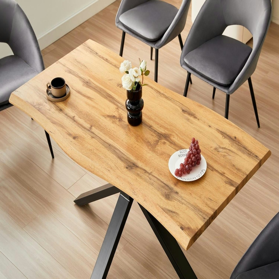 image 1 of Wooden Dining Table with X-Shaped Iron Legs and 4 Grey Velvet Chairs  Modern Dining Set for Home and Kitchen Grey
