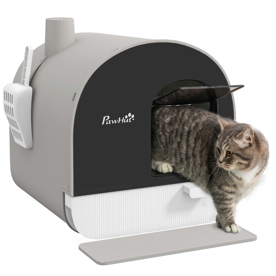 image 1 of PawHut Cat Litter Box Kitten Litter Tray w/ Lid, Scoop, Filter, Flap Door, Grey