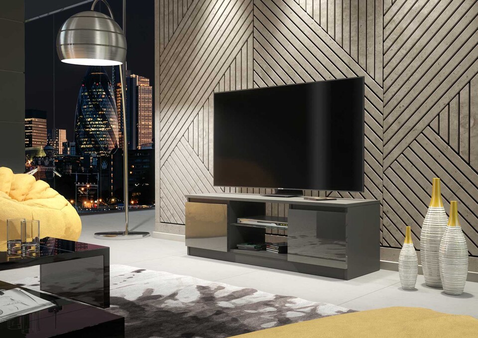image 1 of TV Unit TV Stand Grey High Gloss Media Console Sideboard Storage Cabinet 120cm
