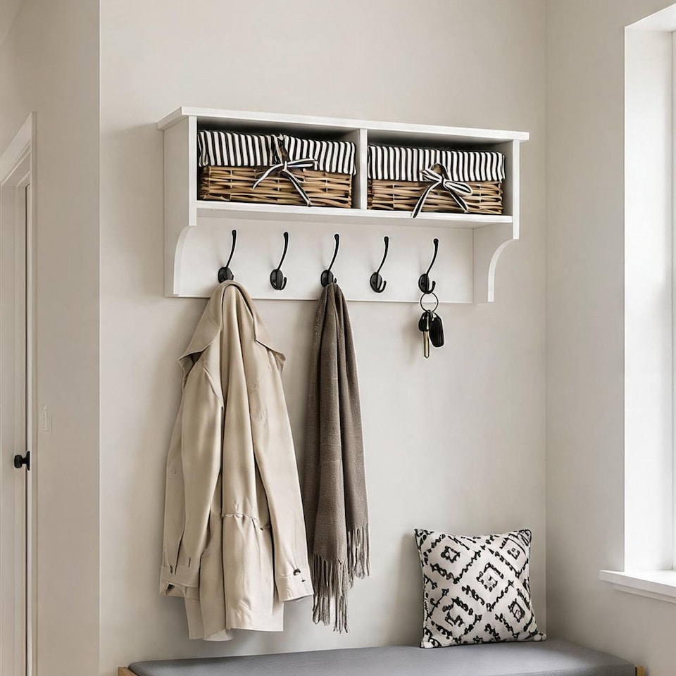 image 1 of Radcliffe Wall Mounted Coat Rack Wicker Baskets and Top Storage Shelf