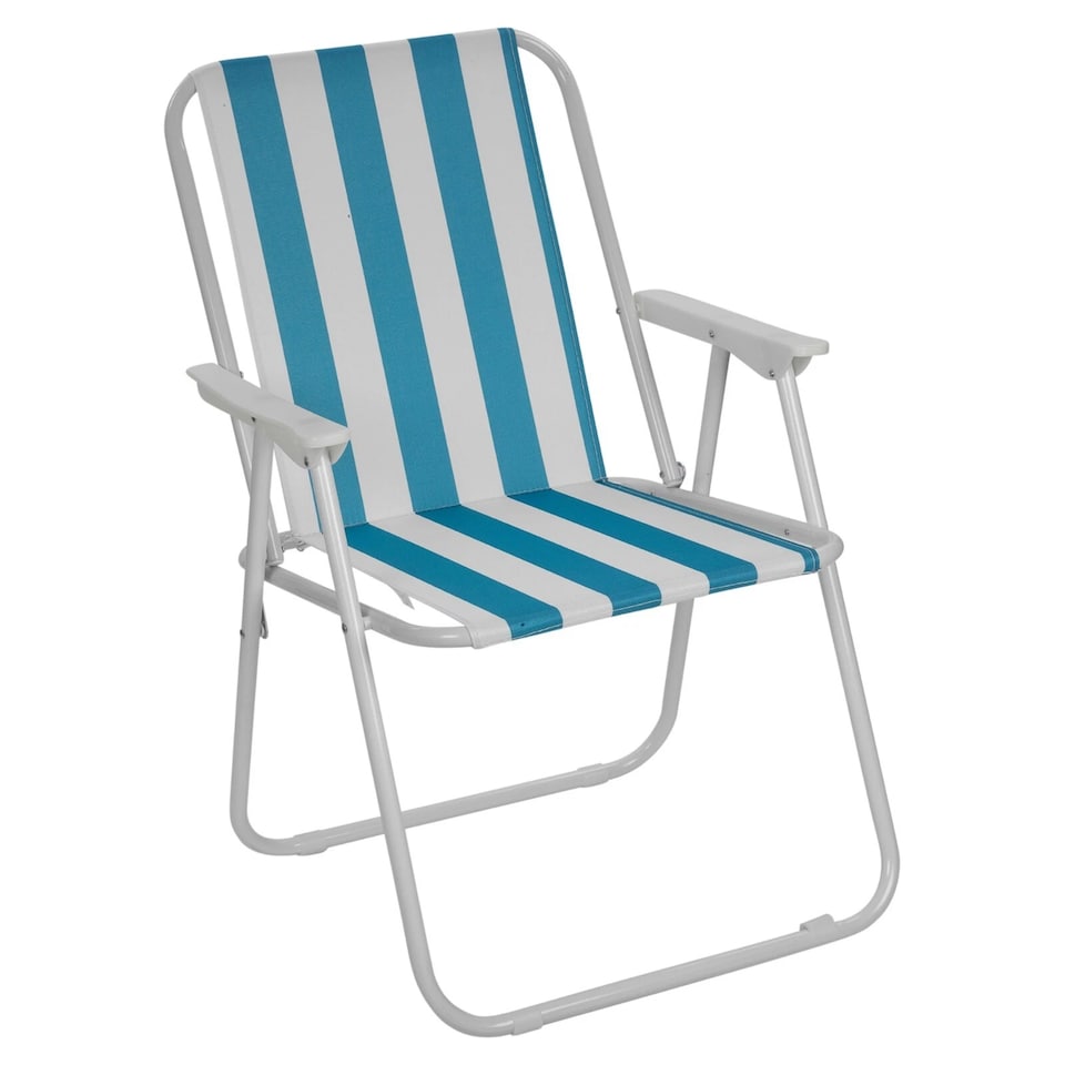 image 1 of Garden Table & Folding Deck Chairs Set 2 4 Seater Outdoor Patio Dining Furniture | White | Table + 4 White & Blue Stripes Chairs