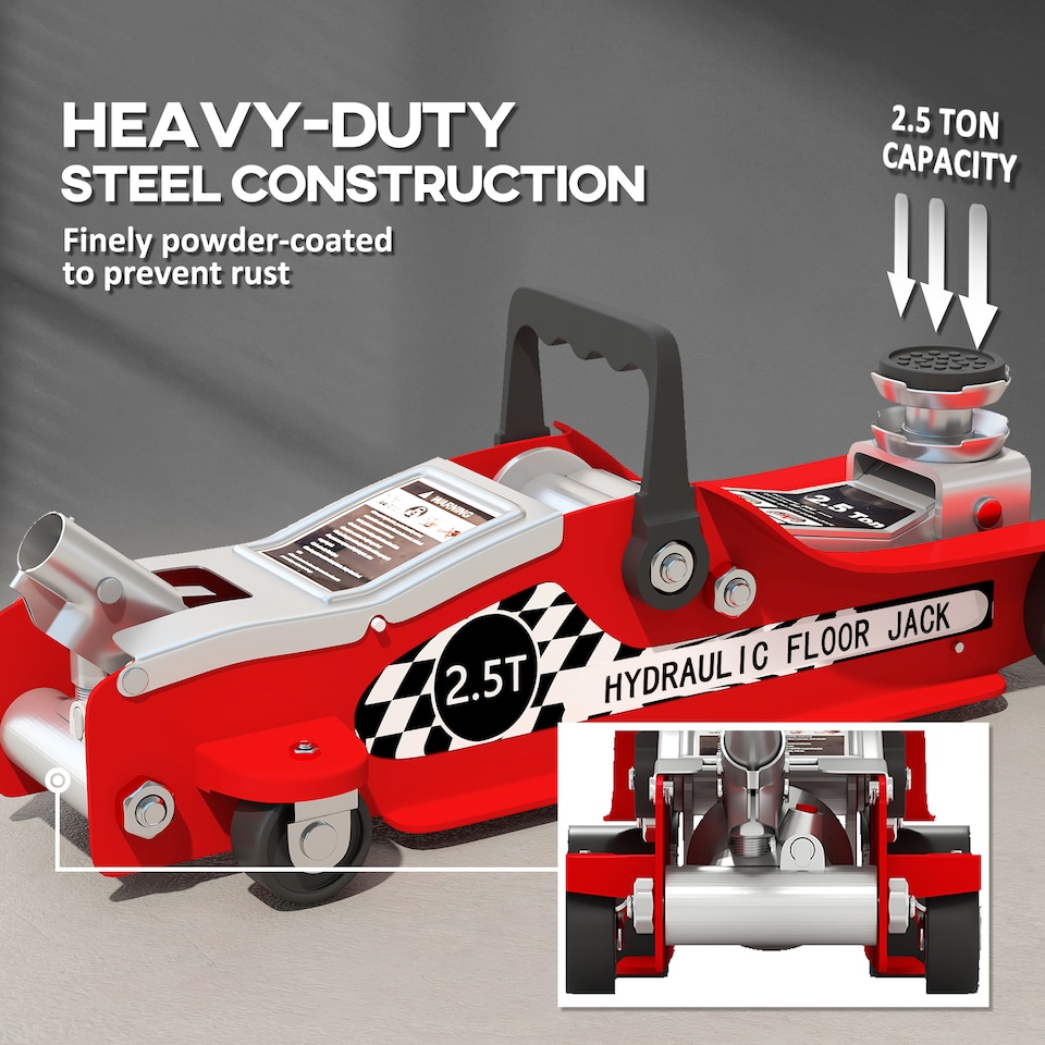 image 1 of HOMCOM Hydraulic Low Profile Floor Jack, 2.5 Tonne Heavy Duty Steel Trolley Car Jack Lift with 80-360 mm Lifting Range, Wheels, Top Handle, Red