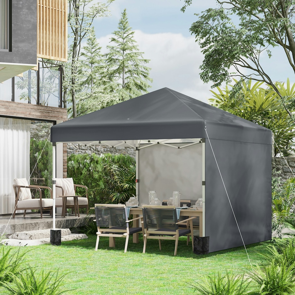 image 1 of Outsunny 3x3 (M) Pop Up Gazebo Party Tent w/ 2 Sidewalls, Weight Bags Dark Grey