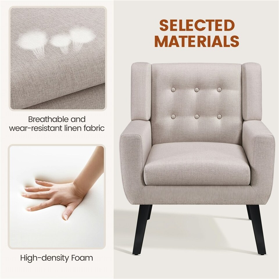 image 1 of Yaheetech Linen Fabric Accent Chair with Wood Legs Removable Cushion Brown | Beige