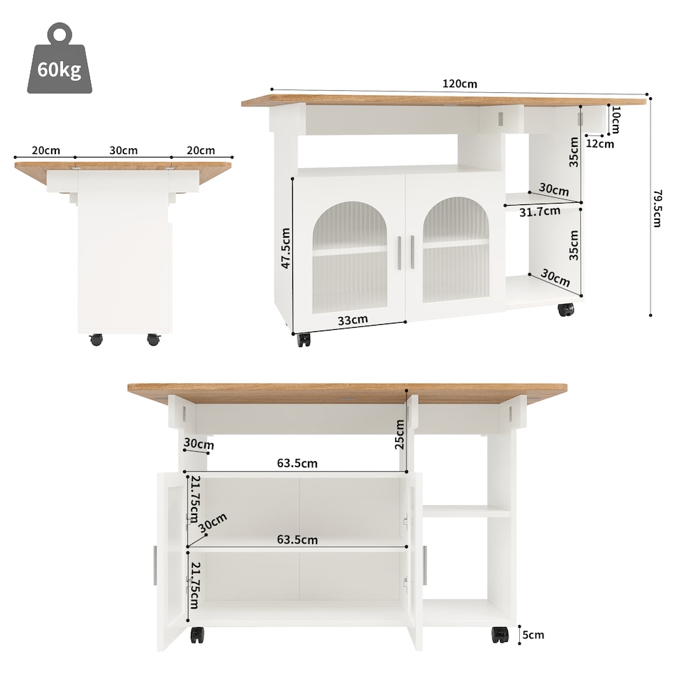 image 1 of VILUXE Kitchen island, kitchen cabinet, removable serving trolley, buffet cabinet, dining trolley with wood grain, buffet cabinet, multifunctional dining table with storage space, White