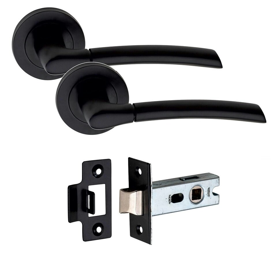 image 1 of Golden Grace 6 Pairs Indiana Design Door Handles on Round Rose in Matt Black Finish with 2.5" Tubular Latch - 52mm Diameter | Black | 6 Pairs