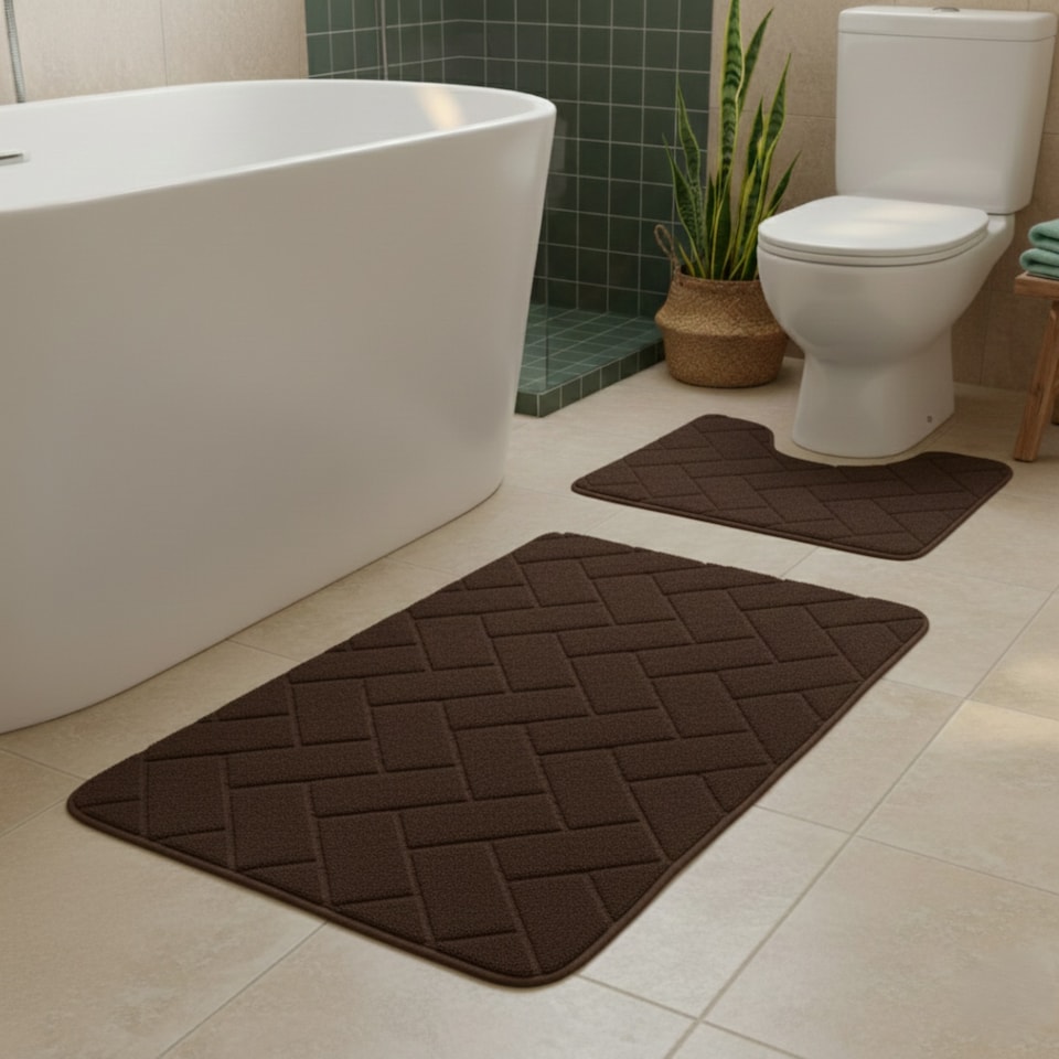 image 1 of 2 Piece Block Design Memory Foam Bath Mat Set Soft Absorbent Non-Slip Bathroom | Brown