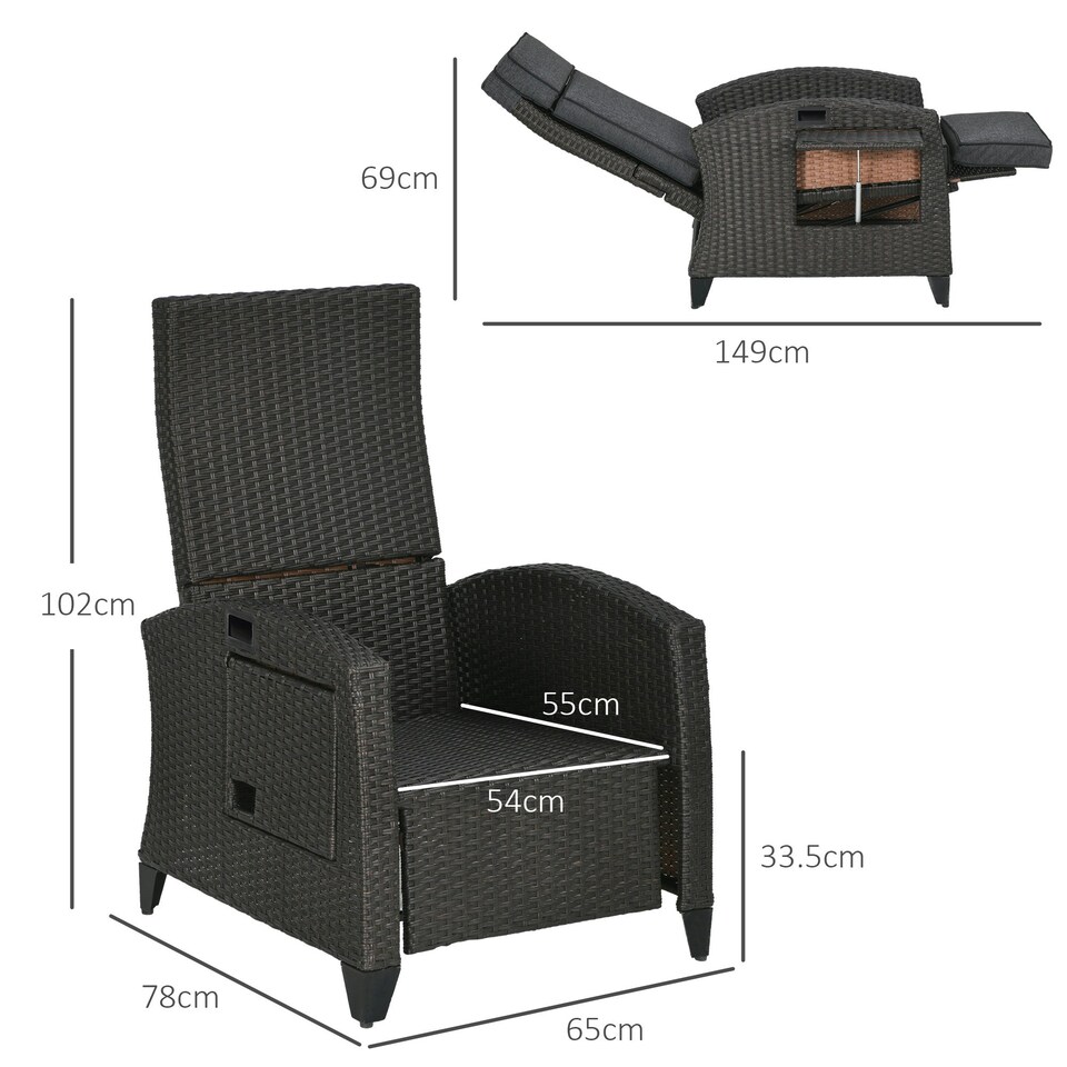 image 1 of Outsunny Garden Recliner w/ Cushion, Reclining Rattan Chair, Dark Grey/Brown