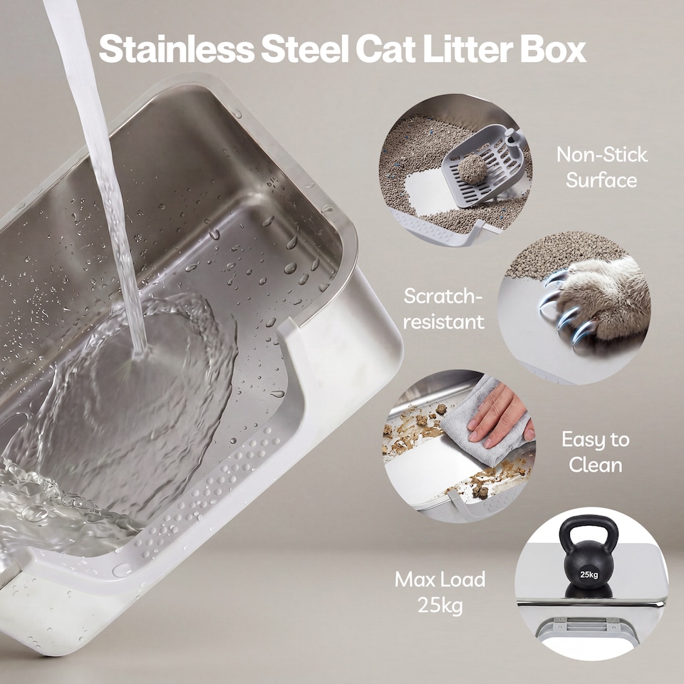 image 1 of Skylos Cat Litter Tray Stainless Steel 7.5cm Low Entry High Sides 201 Steel