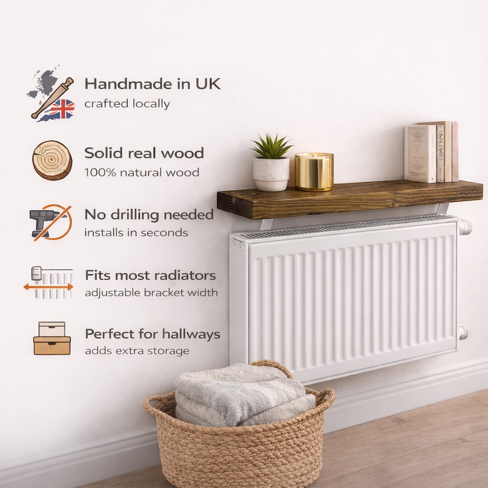 image 1 of MKGT Solid Wood Radiator Shelf with No-Drill Brackets, Handmade in UK, Tudor Oak – 50cm