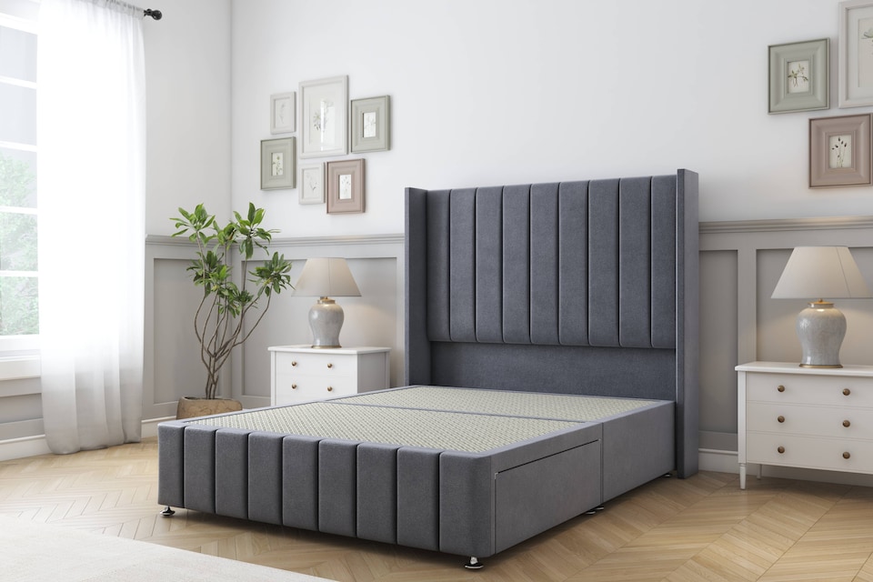 image 1 of Sloomy Melbourne Steel Plush Divan Bed Base 2 Drawers Foot-End With 54 Inch Wingback Headboard & 12 Inch Matching Footboard | Grey | Steel | Super King | 1