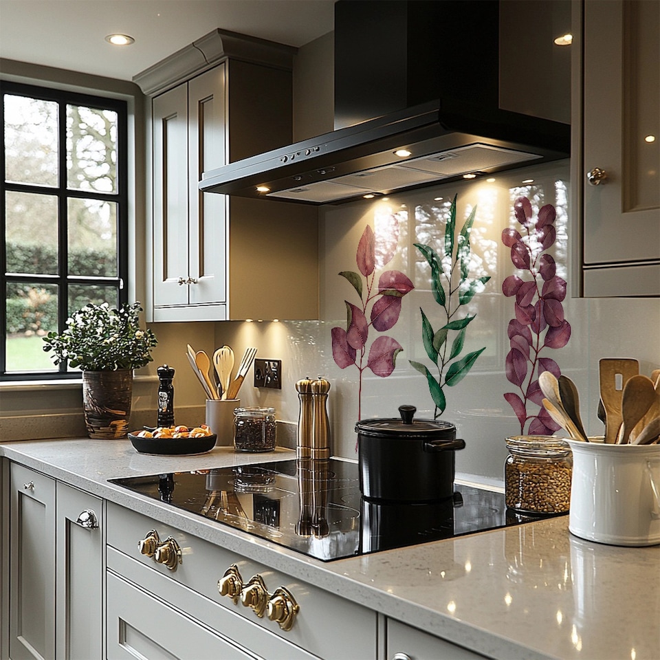 image 1 of Purple & Green Leaves Splash Back | White