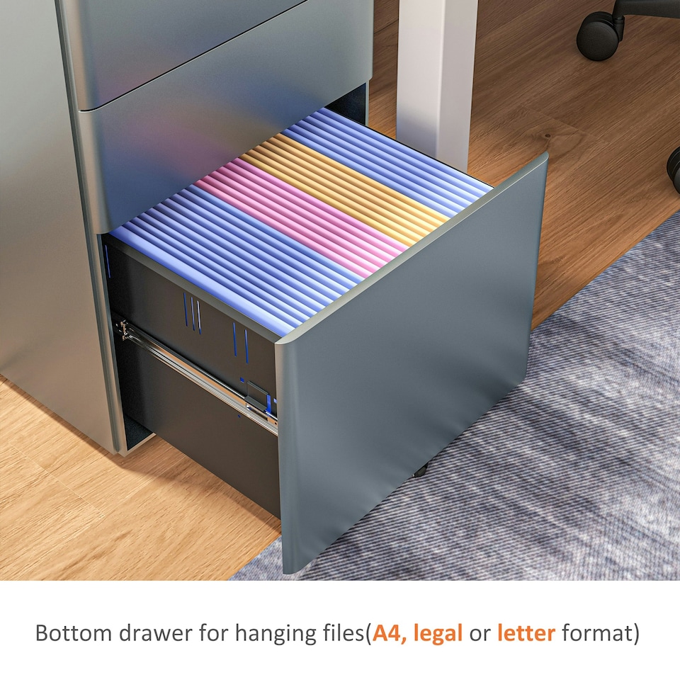 image 1 of Vinsetto 3 Drawer Metal Filing Cabinet Lockable 5 Wheels Compact Under Desk Grey
