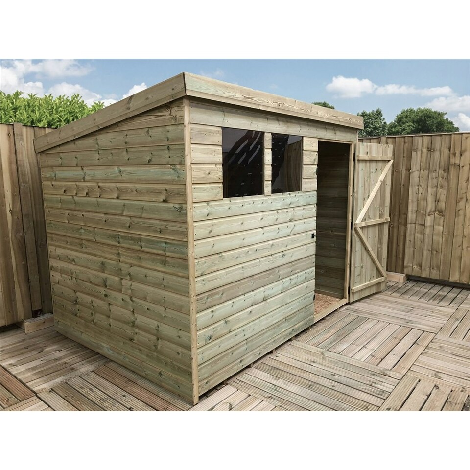 image 1 of 8 x 7 Garden Shed Pressure Treated T&G PENT Wooden Garden Shed - 2 Windows + Single Door (8' x 7' / 8ft x 7ft) (8x7)