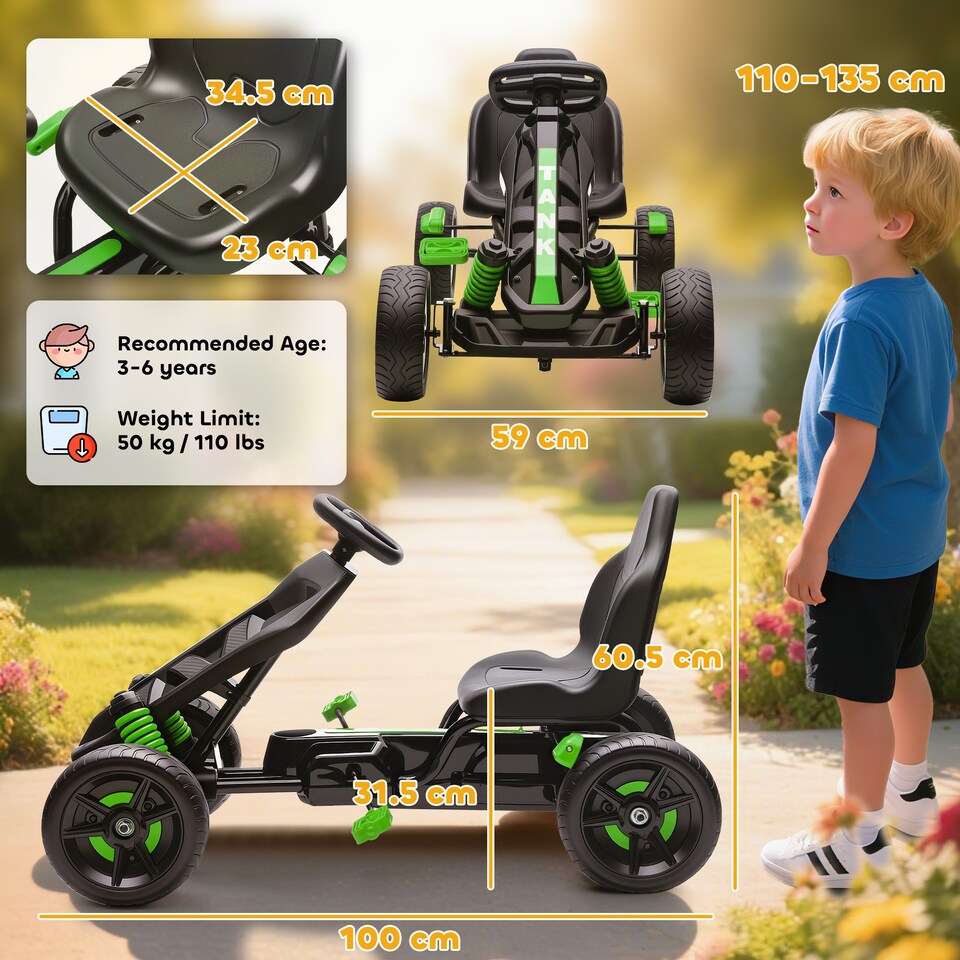 image 1 of AIYAPLAY Pedal Go Kart, Ride on Racer with Freewheel System, Brake, Non-Slip EVA Wheels, Metal Frame, Go Kart for Kids Ages 3-6 Years | Green