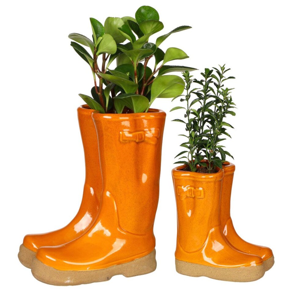 image 1 of Set of 2 Small and Large Orange  Wellington Boots Ceramic Indoor Outdoor Flower Pot Garden Planter | Orange | Orange
