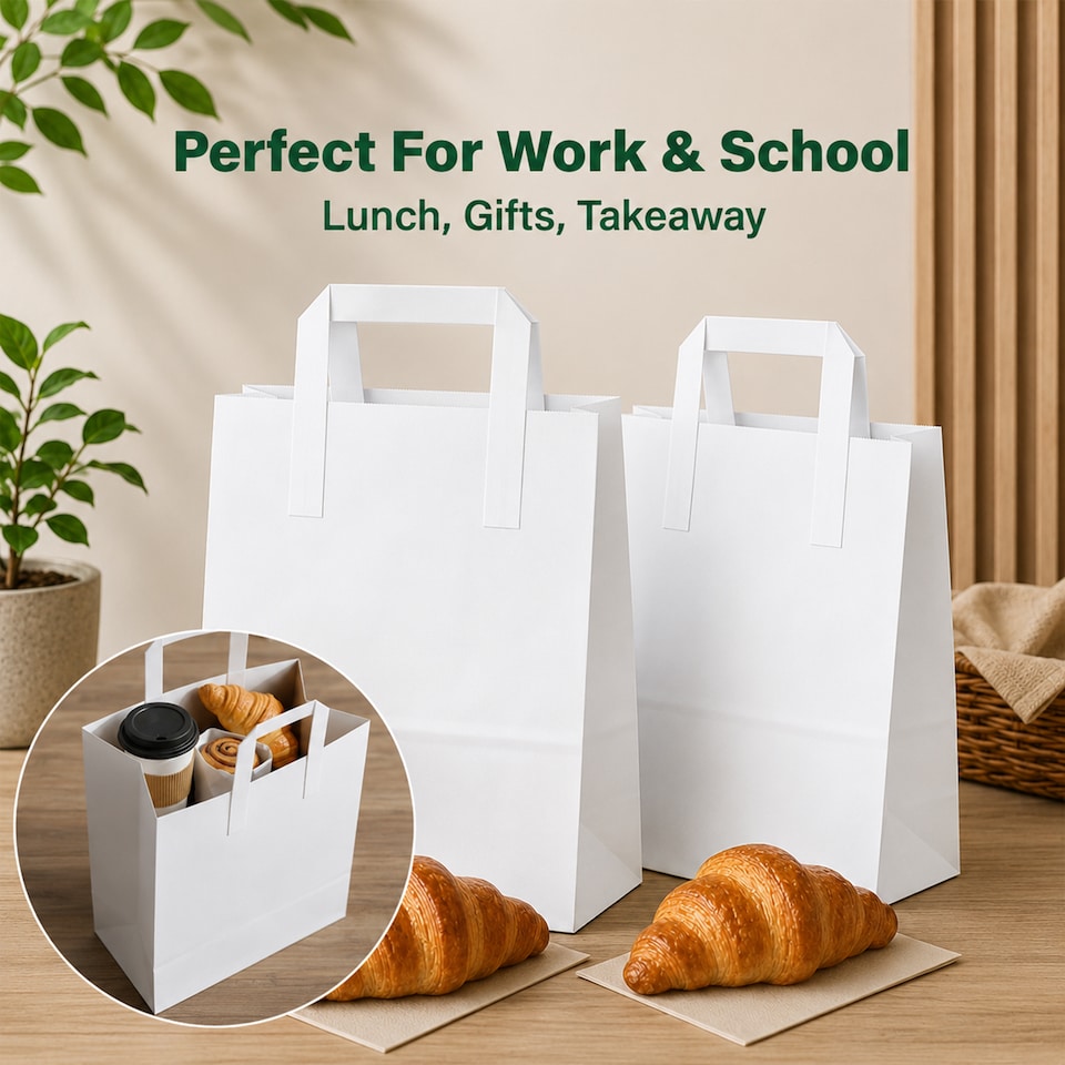 image 1 of ECONX Small White Kraft Paper Bags With Handles SOS Takeaway Grocery Party Carrier Bags x 50pc