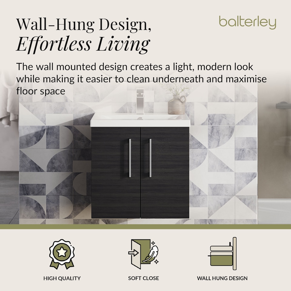 image 1 of Balterley Contemporary Bathroom Wall Hung 2 Soft-Close Door Vanity Unit & Mid-Edge Basin | Black | Charcoal Black
