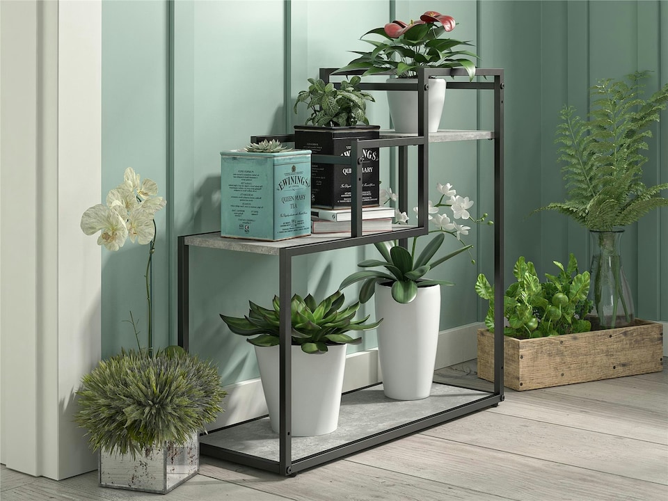 image 1 of Weston Plant Stand with 3 Shelves Black/Light Concrete | Grey | LIGHT CONCRETE