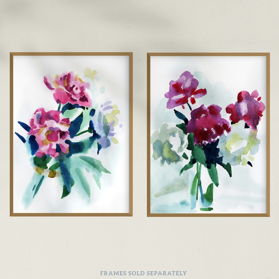 image 1 of Set of 2 Spring Flower Pink White Bouquet in Glass Vase Floral Watercolour Painting Wall Art Prints 12x16 Inch