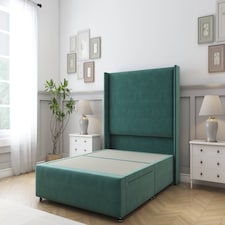 Sloomy Stratford Emerald Plush Divan Bed Base No Drawers With 54 Inch Wingback Headboard & 12 Inch Matching Footboard | Green | Emerald | Super King | 1